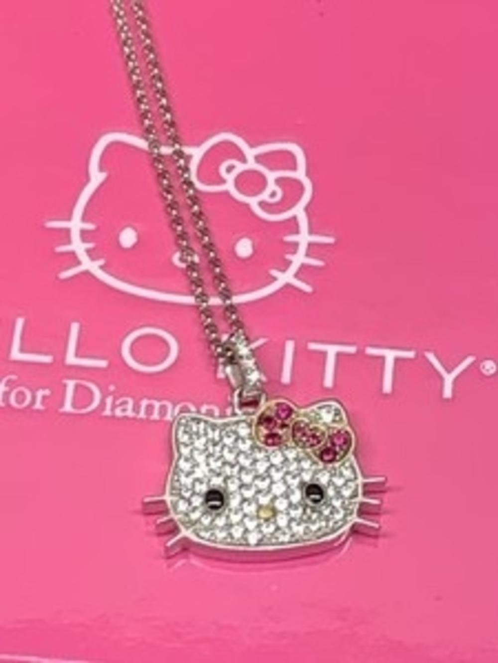 Hello Kitty Pink Bow Crystal Pendant- Silver Tone